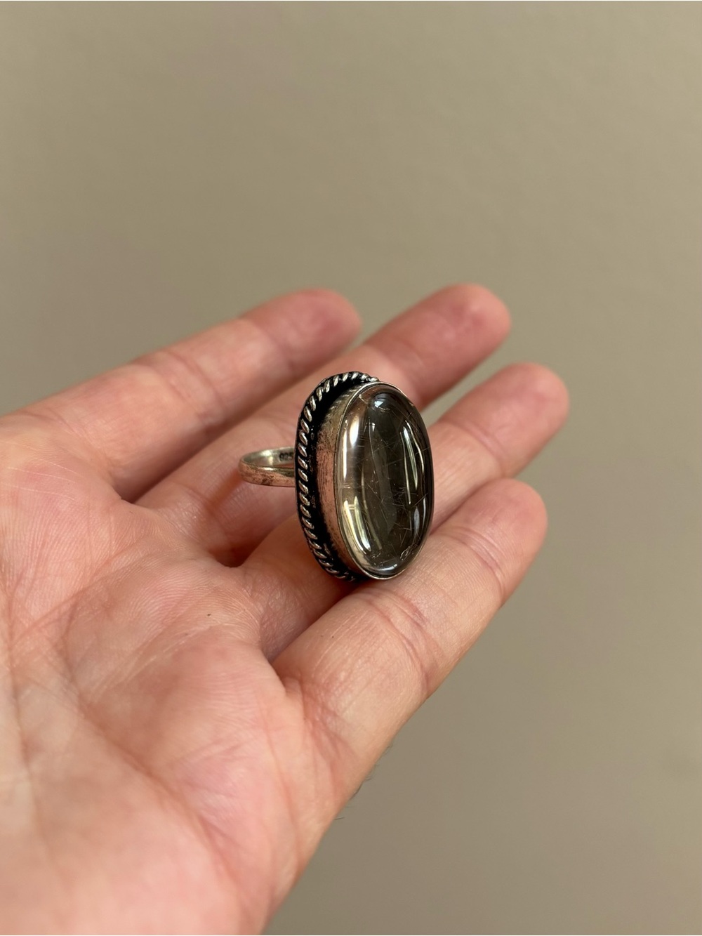 Silver Tone Large Ornate Oval Statement Ring with Clear Crystal Center